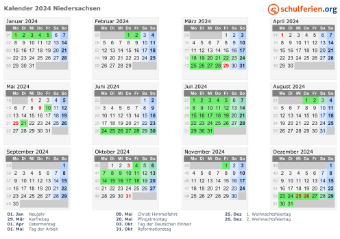 Ferienkalender Niedersachsen 2024